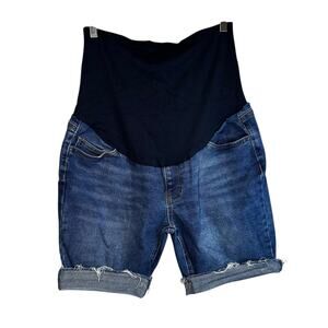Time and Tru Maternity Denim Cuffed Frayed Bermuda Shorts Full Belly Band M 8-10
